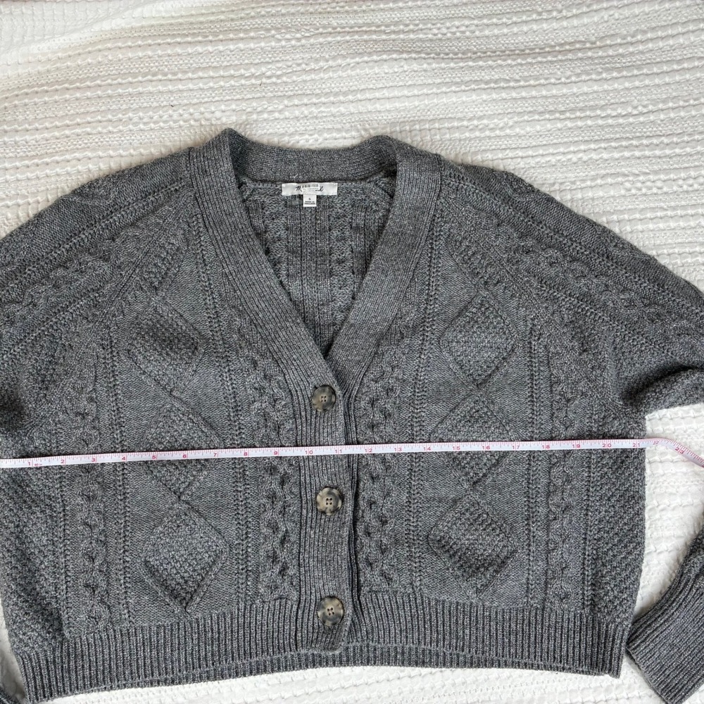 Madewell Cardigan S Cable Knit Cropped Wool Blend Gray Silver Fisherman Preppy - Picture 14 of 16